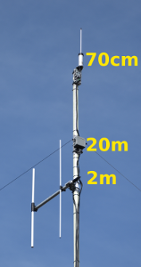 Van boven naar beneden: bovenaan een 70 centimeter antenne (een korte spriet), in het midden een 20 meter antenne (een draad antenne gemonteerd als een omgekeerde V en onderaan een 2 meter antenne met 2 elementen.